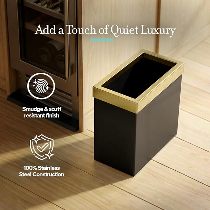 Gatco Small Bathroom Trash Can With Lid Rectangle 3 Gallon Stainless Steel Wastebasket Under Sink Matte Black And Brushed Brass For Bathroom Bedroom Office (1938)