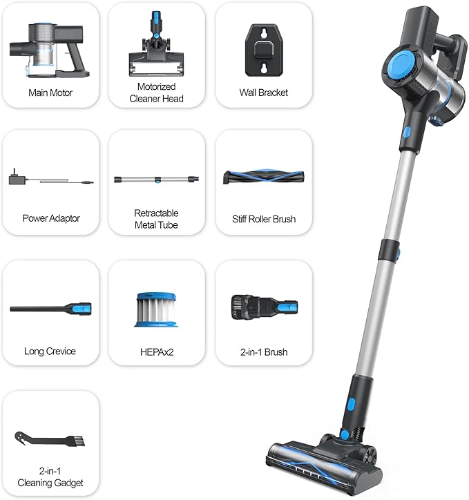 Cordless Vacuum Cleaner Powerful Lightweight Stick Vacuum with 2200 mAh Battery Six-in-One Rechargeable Vacuum Cleaners for Home Up to 40 Mins Runtime for Hard Floor Carpet Pet Hair - Sky Blue