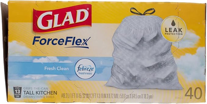 Glad Tall Kitchen Bags 13 Gal. 0.90mil White 40 Bags / Box6