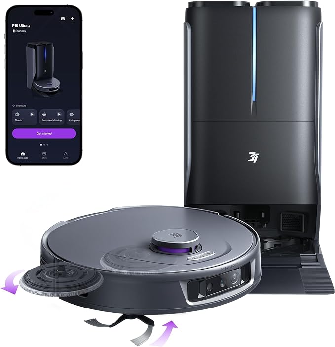 3i P10 Ultra Robot Vacuum and Mop Combo 18000 Pa Suction Self-Emptying Auto-Extending Edge Mopping 140℉ Hot-Water Self-Cleaning LiDAR Navigation Automatic TangleCut for Pet Hair 4 Carpet Modes