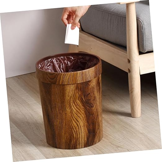 ABOOFAN Wood Grain Plastic Wastebasket Bathroom Trash Can Lid Press Ring Kitchen Garbage Can