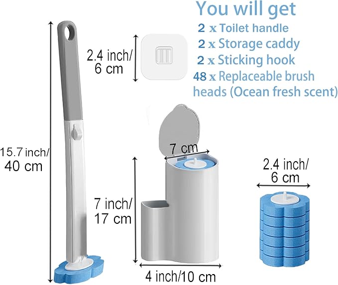2 Pack Disposable Toilet Brush and Holder SetExtended Handle with 48 Cleaner Refills Toilet Brush for Toilet Bowl CleanersBathroom Cleaning Bathtub - Blue (Ocean Fresh Scent)