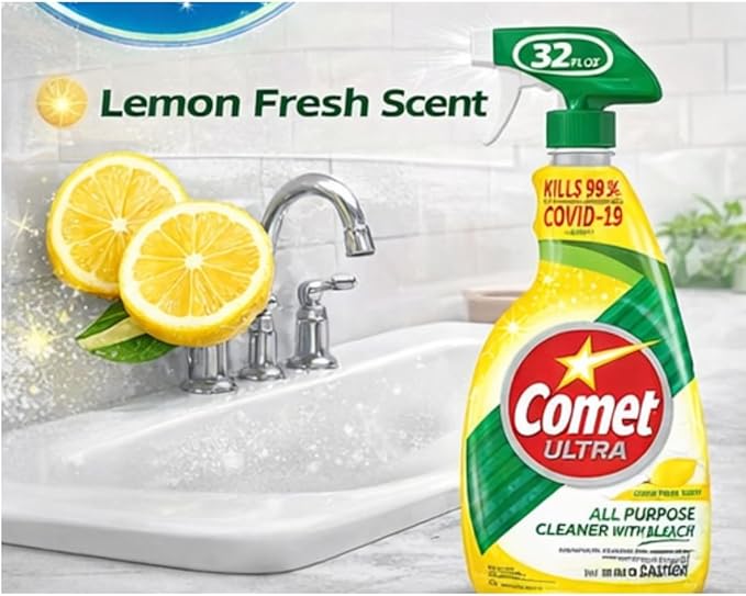 Comet Ultra All-Purpose Cleaner Spray with Bleach Disinfecting Bathroom &amp Kitchen Surface Cleaner Lemon Fresh Scent 32 fl oz (Pack of 2)