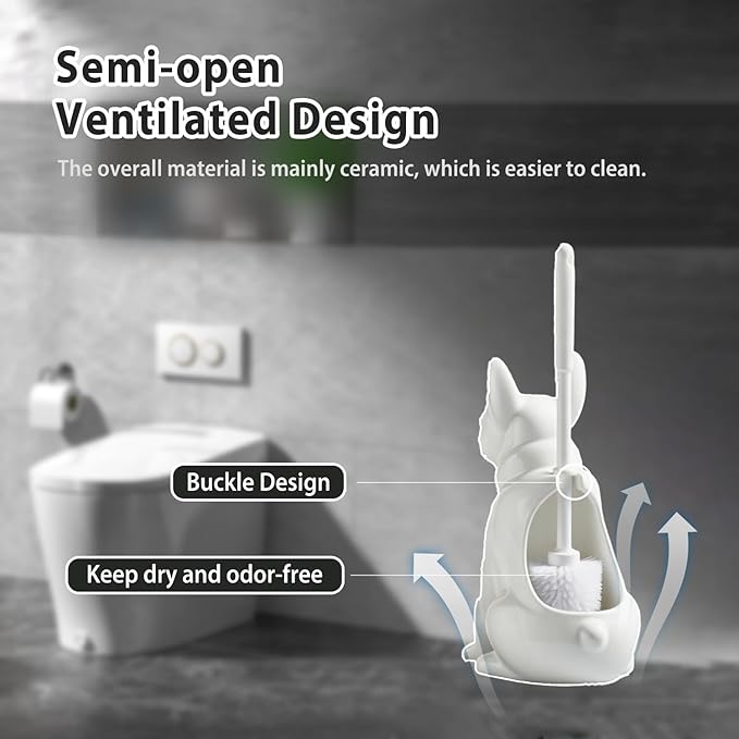 Cute Shar Pei Dog Toilet Brush Holder - White Ceramic Decorative Toilet Brush Set for Bathroom Semi-Open Quick-Dry Design Unique Animal Bathroom Decor Gift for Dog Owners