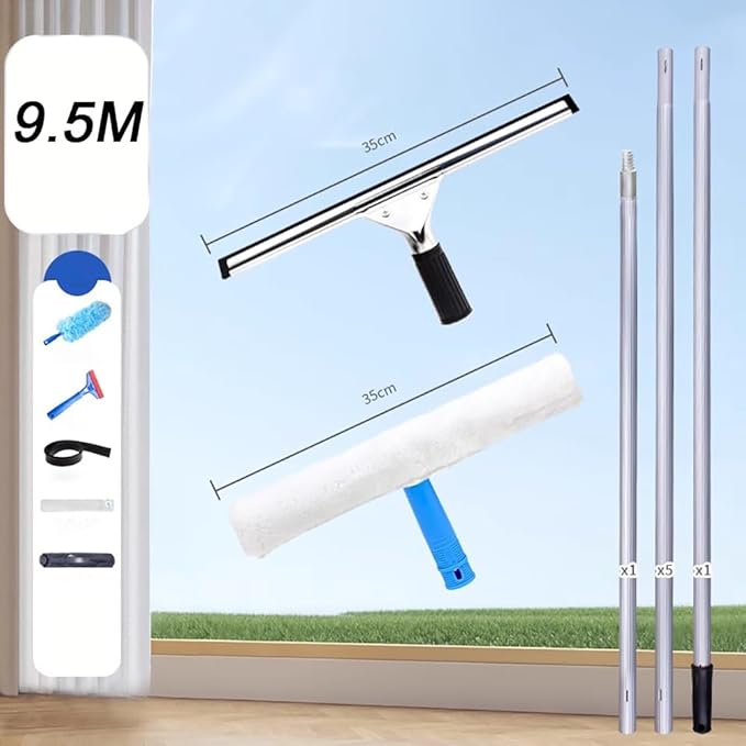 1.2-15M Aluminum Alloy High Window Glass Cleaning Pole with 35Cm Rubber Scraper and Fiber Mop Head Telescopic Long Pole Window CleanerPole Length 15m