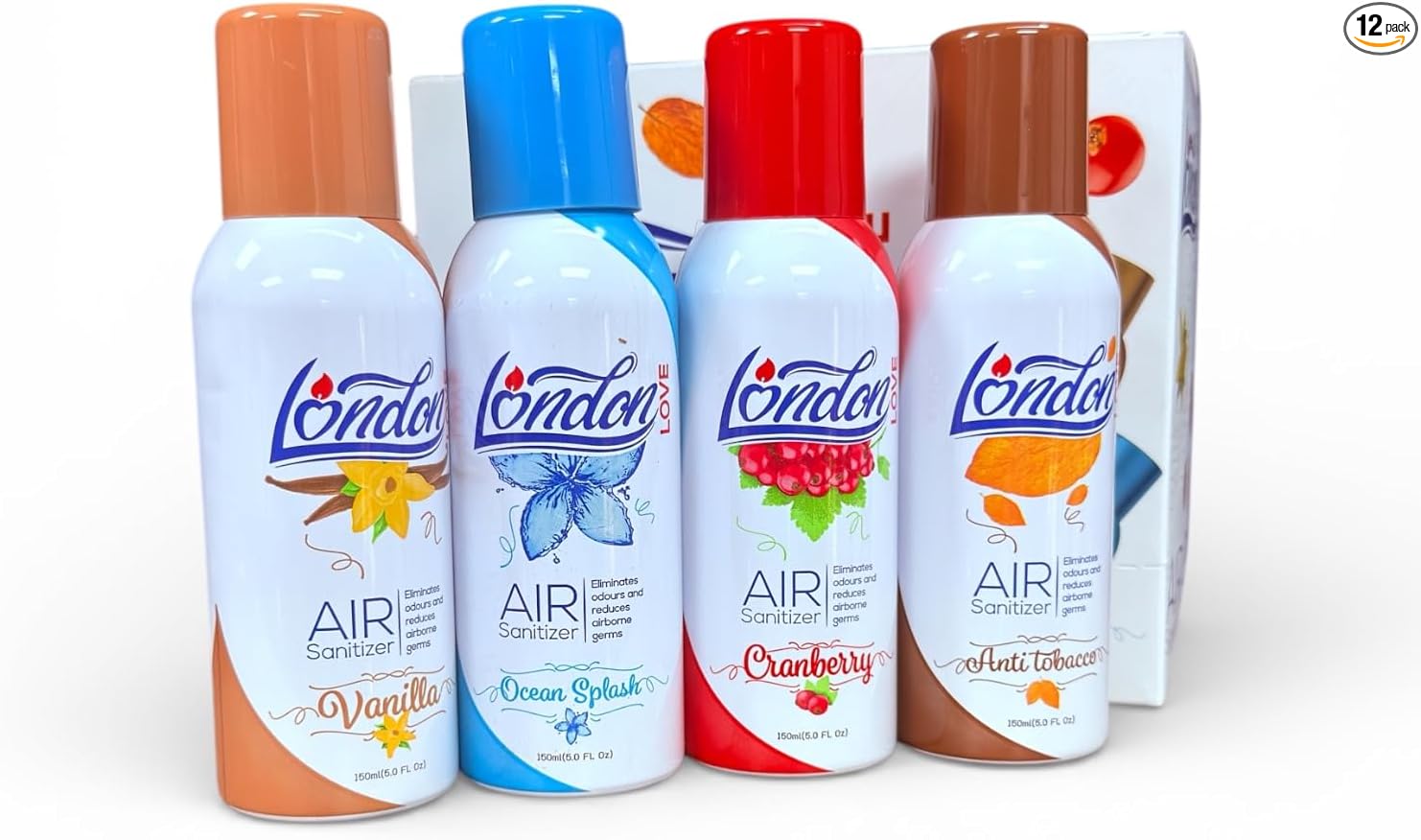 London Love Air Freshening Spray – (12 Count 4 Scents) Features 3 of each scent (Ocean Splash Anti Tobacco Cranberry Vanilla) – Odor Eliminator for Home Car Office &amp More