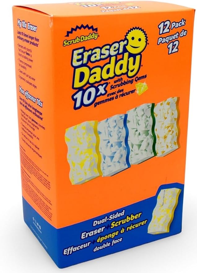 Scrub Daddy - Eraser Daddy with Scrubbing Gems Dual-Sided Scrubber and Eraser Lasts 10x Longer Than Ordinary Melamine Erasers Water Activated Ergonomic Pack of 12 Includes 4 Colors