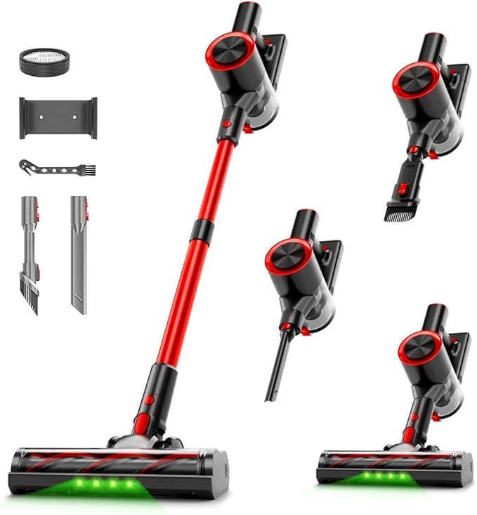 Cordless Stick Vacuum Cleaner 40Kpa Powerful Suction Vacuum Cleaner with LED Headlight Detachable Battery 8-in-1 Lightweight Handheld Vacuums for Pet Hair Carpet and Hardwood Floor Red