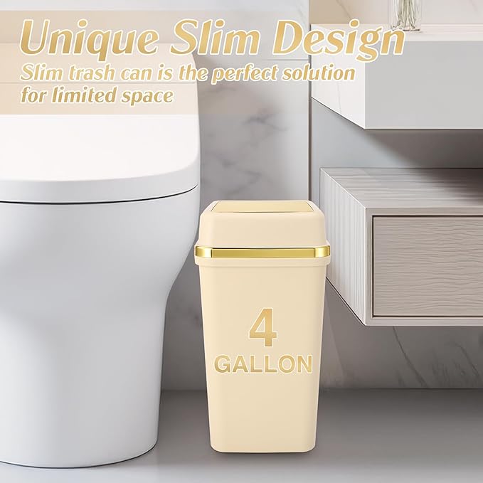 Bathroom Trash Can with Lid 4 Gallon Trash Can with Swing Lid Beige Small Garbage Can Bathroom Garbage Can with 300 Counts Trash Bags for Kitchen Bedroom Office