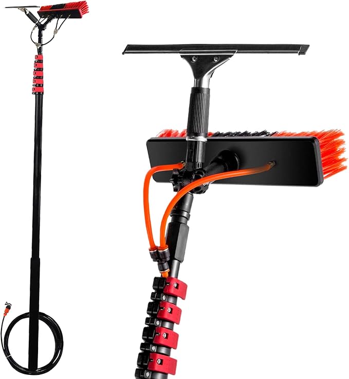12-36ft Window Cleaning PoleWater Fed Telescopic BrushExtendable Solar Panel Cleaning Brush Outdoor Washing Equipment Tool Cleaning Brush can Spray Water (with Squeegee7.2M)