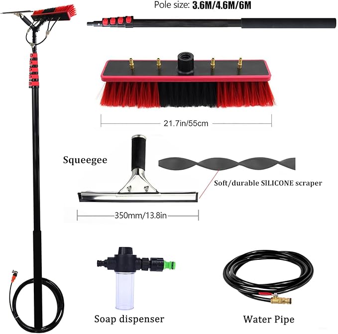3.6-6 M Window Cleaning PoleWater Fed Telescopic BrushWindow Cleaner KitExtendable Solar Panel Washing Equipment Cleaning Conservatory Roof Extendable Cleaner (55cm Brush3.6M)