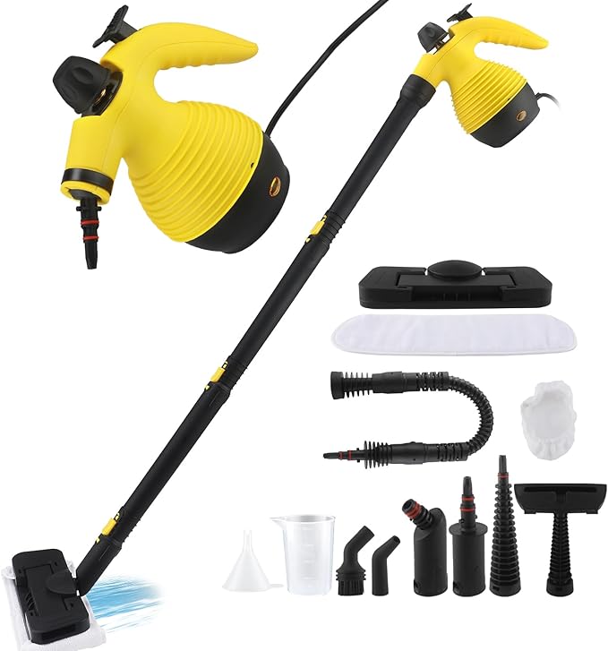 15-in-1 Multipurpose Steam Cleaner 1050W Handheld Steamer &amp Steam Mop with 16-Piece Kit 350ML Tank 30s Fast Heat-Up for Floors Windows Cars Bathroom Grills Sofa Cleaning(Yellow)