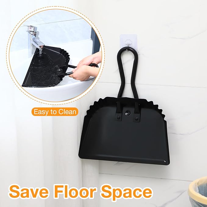 Mumufy 2 Pcs 12 Inch Heavy Duty Metal Dustpan Stainless Steel Large Wide Dust Pans for Household Handheld Scooper Debris Cleaning Tool for Home Garage Studio Courtyard Indoor Outdoor(Black)
