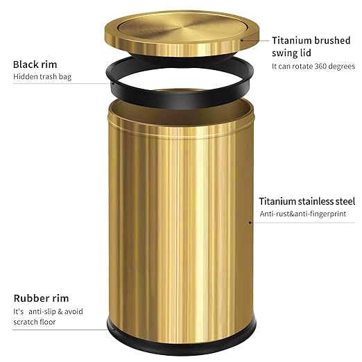 Brushed Gold Bathroom Trash Can with Swing Lid 4.7GallonStainess Steel Garbage Can Trash Bin Wastebaskets for KitchenOfficeBedroom (Gold 4.7 Gallon)