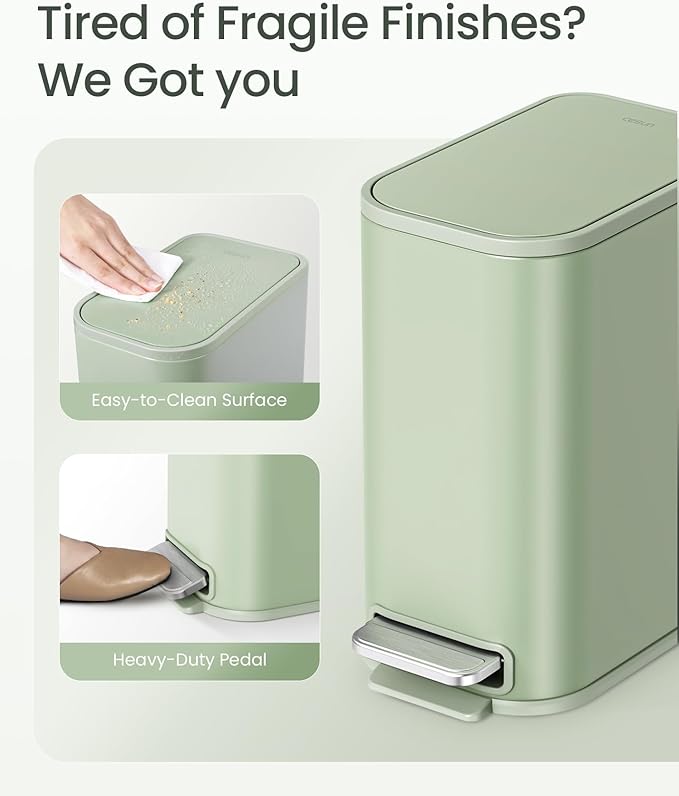 Cesun Small Bathroom Trash Can with Lid Soft Close Step Pedal 5 Liter / 1.3 Gallon Stainless Steel Garbage Can with Removable Inner Bucket Waste Basket for Bathroom Bedroom (Green)