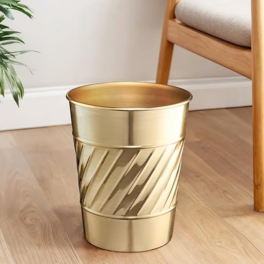 Monarch Abode Metal Bathroom Trash Can – Waste Basket for Bedroom Office Desk &amp Dorm Handcrafted Wave Embossed Durable Decorative Brushed Gold Small Trash Can Bathroom Garbage Bin Wastebasket