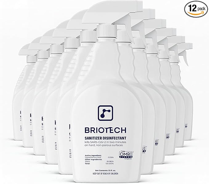 BRIOTECH Sanitizer Disinfectant Hypochlorous Spray Kill 99.99% of Viruses &amp Bacteria Control Mold Eliminate Odor Gentle for Nursery &amp Play Rooms Food Contact Surface Sanitizer 32 fl oz (