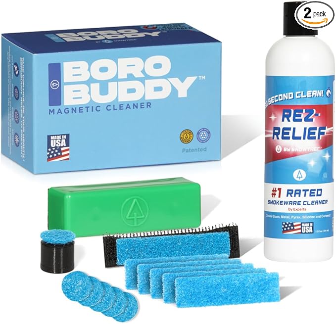 SNOWTREE - BoroBuddy Pro Magnetic Glass Cleaner + Rez Relief Liquid Cleaning Solution Bundle | Green BoroBuddy with 12 oz Rez Relief 420 Liquid Cleaner for Glass Metal Ceramic &amp Silicone