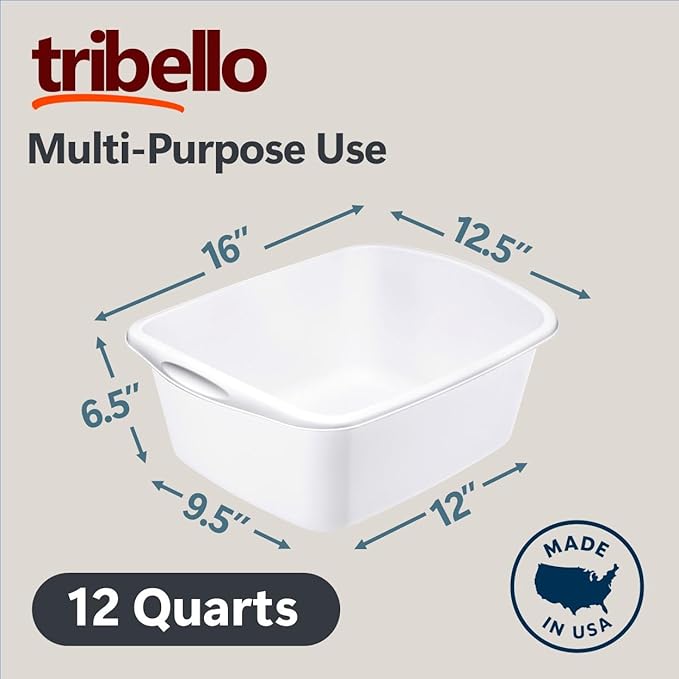 Tribello 2-Pack Dish Pans for Kitchen Sink Plastic Tub Dishpan Wash Basin and Foot Bath for Soaking Feet Wash Bucket for Washing and Storage Cleaning Supplies - 12 Quarts - Heavy Duty - (White)