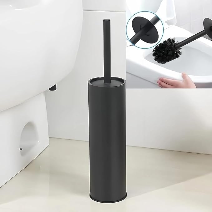 Toilet Brush and Holder Set KWQKEM Stainless Steel Toilet Bowl Cleaners Brush and Holder Free Standing with Lid Bathroom Accessories Brush Head Replaceable Stylish Modern Design (Matte Black)