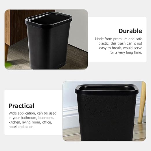 Thickened Plastic Trash Can Wastebasket Narrow Rectangular Open Garbage Bin with Press Ring Black Home Rubbish Can for Bathroom Bedroom Office Hotel Use