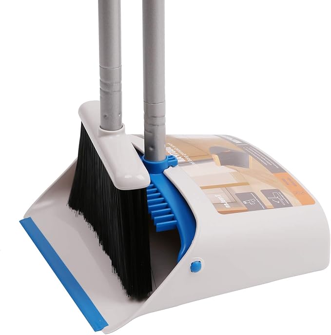 TreeLen Long Handle Broom and Dustpan SetUpright Dust Pan Combo for Home Kitchen Room Office Lobby Floor Use Without Bending