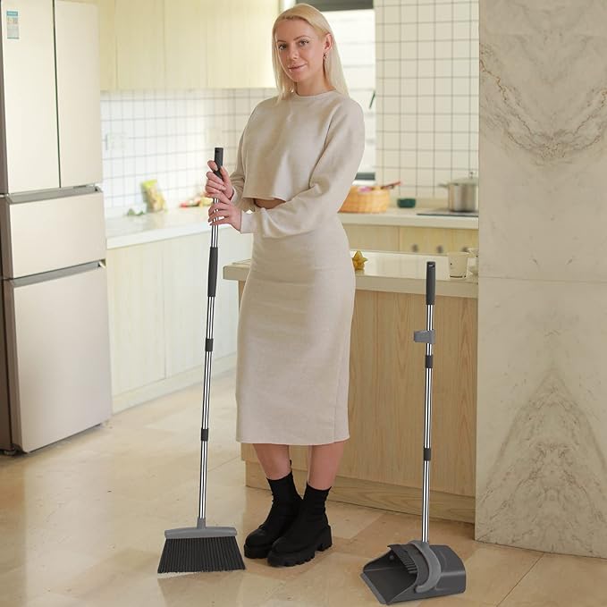 Broom and Dustpan Set Dust pan with Long Handle Broom with Dustpan Combo Set Broom and Dustpan for Home Indoor or Outdoor Cleaning Tool (Deep Gray&ampLight Gray)