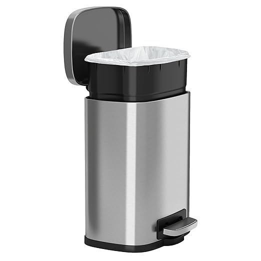 iTouchless 5 Liter / 1.32 Gallon SoftStep Bathroom Trash Can with Lid &amp AbsorbX Deodorizer – Stainless Steel Wastebasket with Removable Inner Bucket Space-Saving for Home Office Cubicle Bedroo