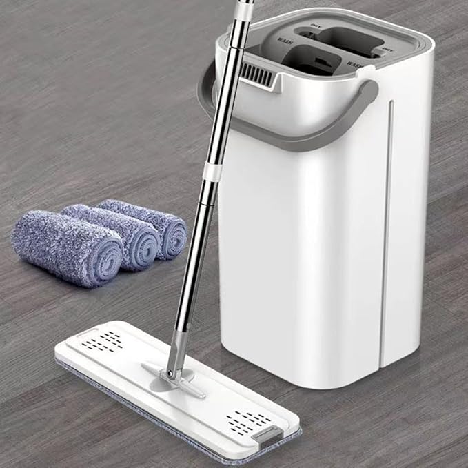Hands-Free Flat Wet and Dry Dual-Use Mop with Bucket for Floor Cleaning Gray(White)