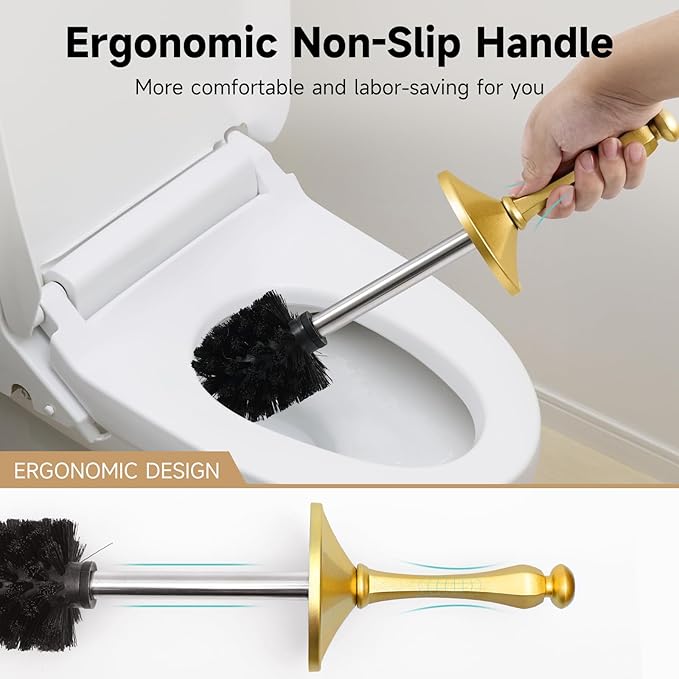 Brass Toilet Brush and HolderExtra Long Handled Gold Toilet Brush for BathroomStainless Steel Heavy Duty Toilet Bowl BrushDeep Cleaning Modern Toilet Cleaner Brush -Space Saving Covered Brush