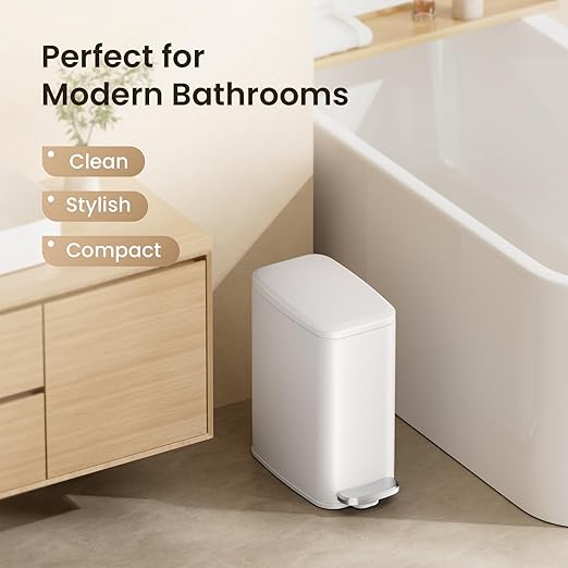 Cesun Slim Bathroom Trash Can with Lid Soft Close 6L/1.6 Gallon Stainless Steel Small Garbage Can with Foot Pedal and Removable Inner Bucket Slim Wastebasket for Bathroom Office Toilet (White)