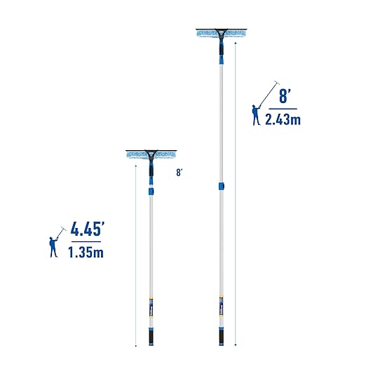 Unger Professional 2-in-1 Squeegee and Scrubber 14” Window Cleaning Tool and 8’ Connect &amp Clean Pole Essential Glass Supplies for Commercial and Residential Use Microfiber Sleeve