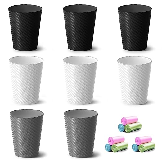 Bathroom Trash Can 8 Pack 1.8 Gallons Small Trash Can with Trash Bags Bathroom Garbage Can Plastic Trash Bin Round Waste Basket for Bedroom Office Kitchen Room Compact Space (White Black Grey)