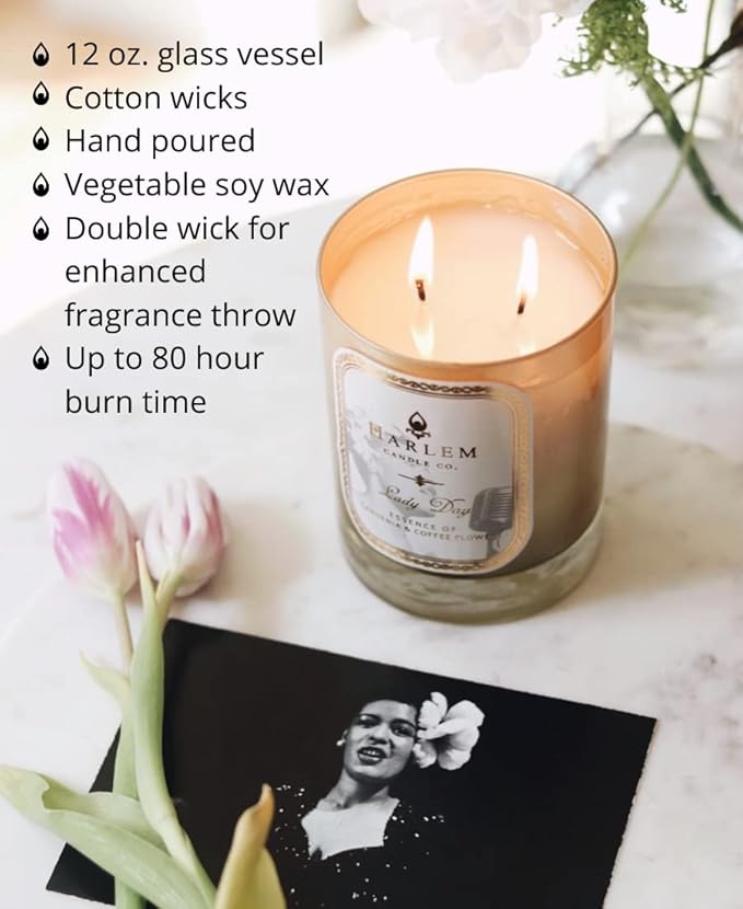 HARLEM CANDLE CO. Lady Day - Luxury Scented Soy Candle 11 oz - 80-Hour Burn Time | Gardenia Jasmine Lush Green Leaves Neroli Blossom and Coconut Milk | Scented Candles for Home