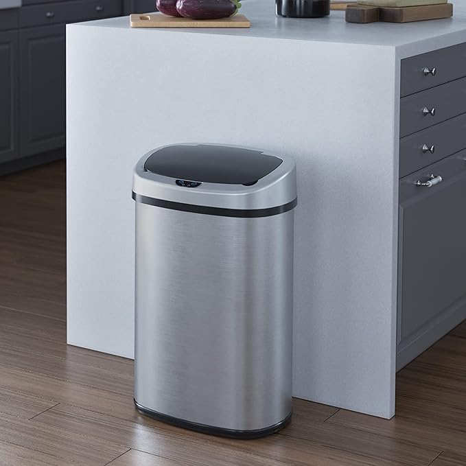 iTouchless Automatic Oval Trash Can with 4 Odor Filters Big Lid Opening Touchless Sensor Kitchen Trash Bin 13 Gallon Stainless Steel