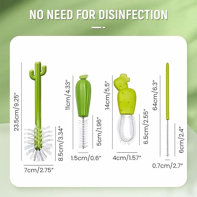 Cactus Bottle Brush Set Creative Cactus Cleaning Brush Set Multifunctional Cup Straw Brush Cactus Cleaning Brush - Includes Bottle Brush &amp Nipple Brush &amp Detail Brush &amp Straw Brush (2se
