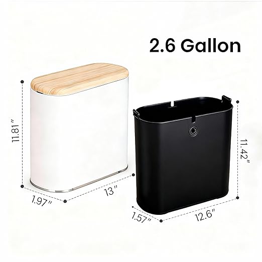 Small Bathroom Trash Can with Lid 10L/2.6 Gal Slim Wastebasket - Odor &amp Pet Proof Inner Bucket &amp Wood Grain Top Plastic White Garbage Can for Kitchen Bedroom Living Room Office RV