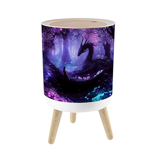 Small Trash Can with Lid beautiful black dragon night forest peacefully lying clearing 1.8 Gallon/7L Garbage Can Waste Bin with Press Top Lid Wood Legs Wastebasket for Bathroom Kitchen Bedroom