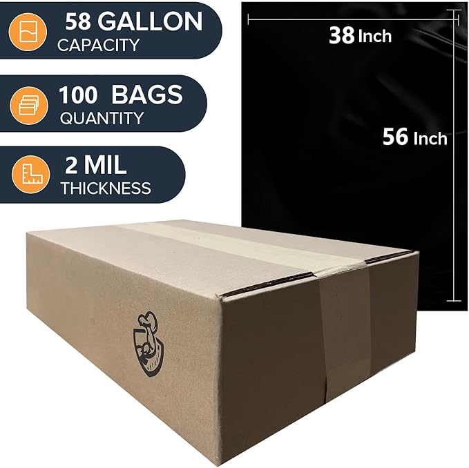 100 packs-Large 55-60 Gallon Heavy Duty Trash Can Bags|2 Mil |Black Thickened/Plastic Bag-Kitchen&ampYardBuildingOutdoorHotel Property-Made in the USA
