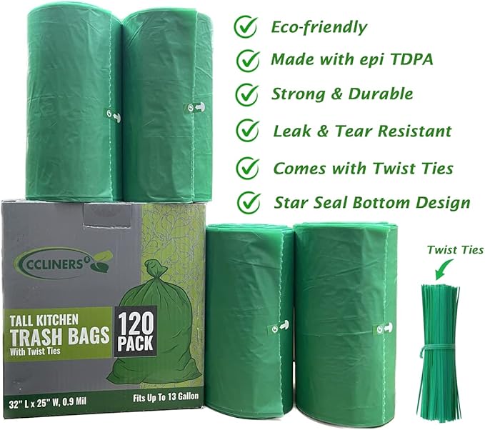 Tall Kitchen Biodegradable Trash Bags 13 Gallon (120 Bags) Eco-friendly Medium Green Garbage Bag 55 Liter Landfill-Friendly Can Liners Portable Camping Toilet Bags Made With epi (120 count)