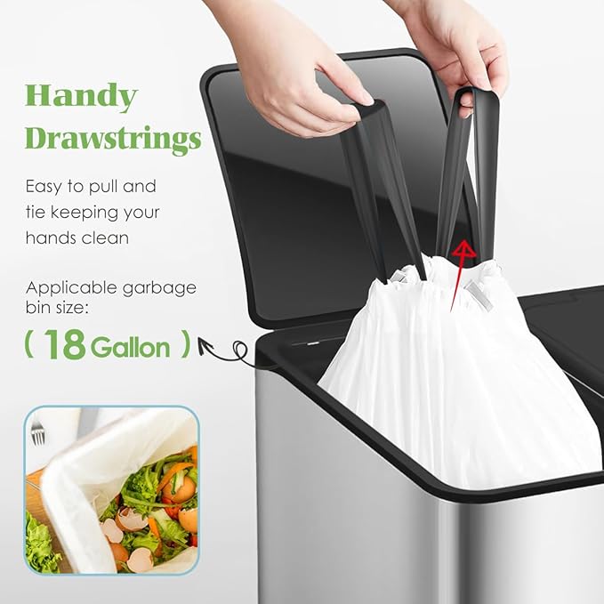 18 Gallon 120 Counts Strong Drawstring Trash Bags Garbage Bags by Teivio Bathroom Trash Can Bin Liners Plastic Bags for home office kitchen White