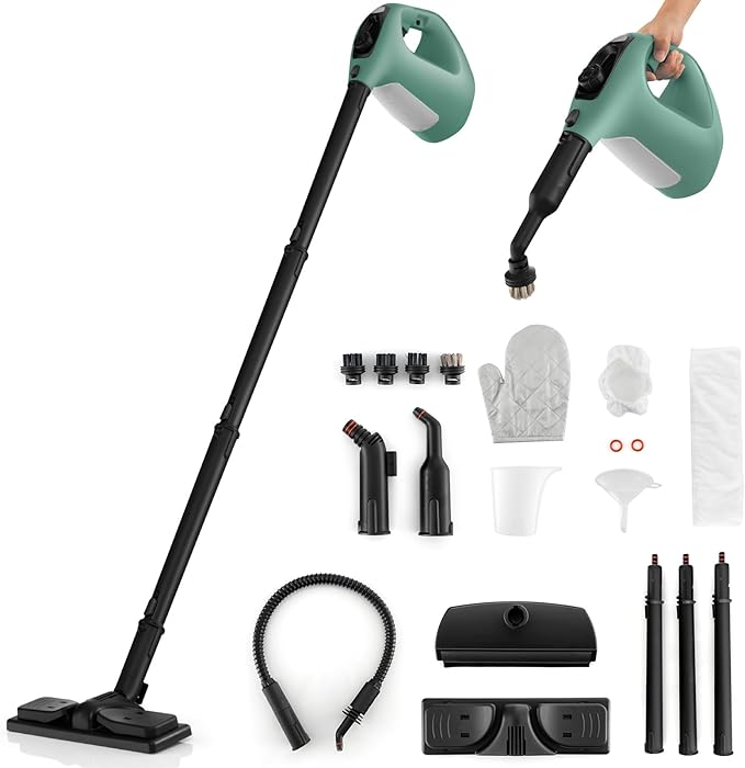 S AFSTAR Handheld Steam Cleaner 1400W Pressurized Steamer with 14-Piece Accessories &amp Child Lock Multipurpose Portable Steamshot Steam Mop for Cleaning Kitchen Floor Sofas Car Windows (Green)