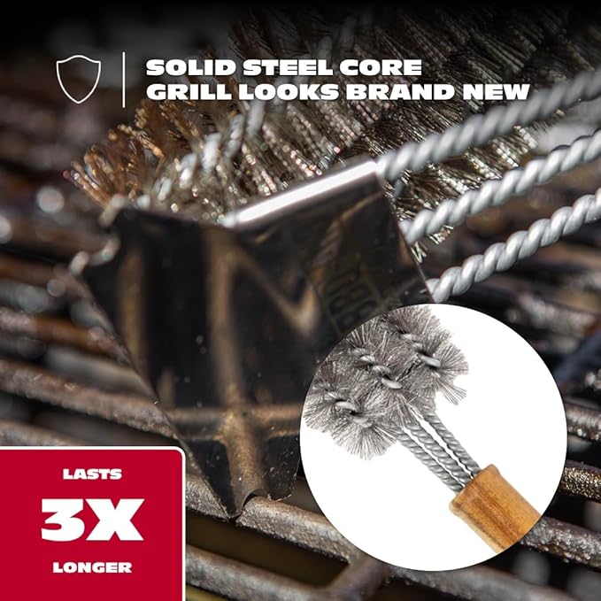 BBQ-AID All Angles BBQ Grill Brush for Outdoor Grill – Cleans All Angles Large Wooden Handle and Stainless Steel Bristles - BBQ Brush for Grill Cleaning – Grill Cleaner Brush Safe for BBQ and Grill