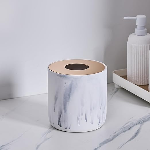 White Marble Textural Mini Trash Can with Rose Gold Stainless Steel Lid Small Countertop Trash Can for Bathroom KitchenDesk Trash CanTable top Mini Garbage CansResin Tiny Waste Basket for Vanity