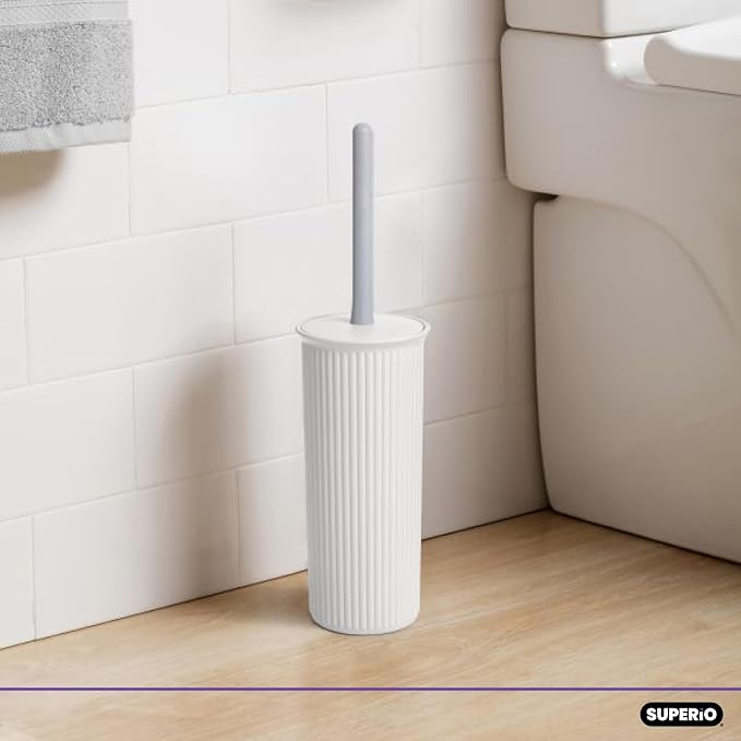 Decorative Plastic Toilet Bowl Brush and Holder Set White (2 Pack) Cleaner Scrubber for Bathroom - Ribbed Design