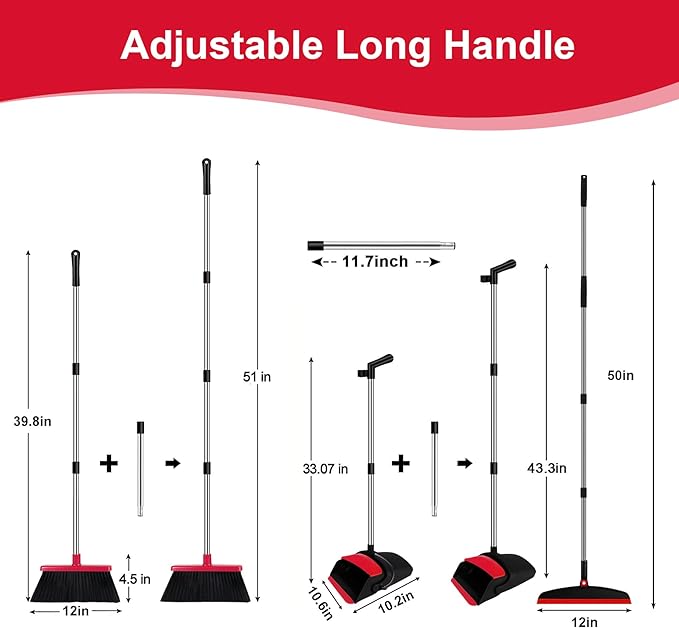 Broom with Dustpan Combo Set and Silicone Air Broom Kit 51 Long Handle Floor Squeegee Red Household Kit for Glass Window Rugs Pet Hair Home