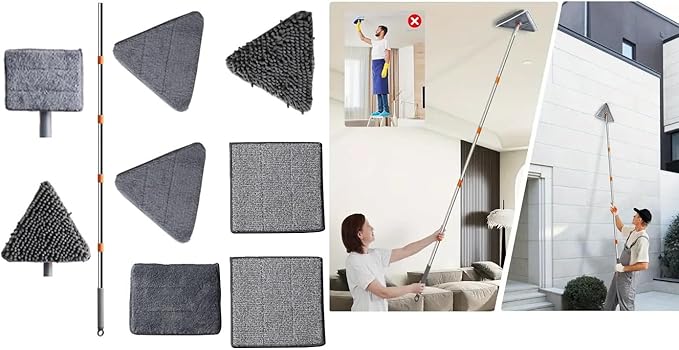 Wall Cleaner Mop with Long 81 HandleBaseboard Cleaner Tool with Handle180° Folding Ceiling Tool Duster with Squeegee360 Rotatable Wall Mop (Square + Triangle Set)