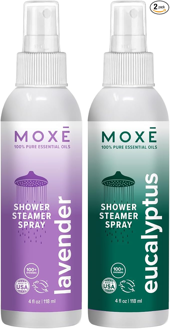 MOXE Shower Mist Spa Steam Spray Certified Natural Essential Oils Aromatherapy Calming Relief (Lavander and Eucalyptus 4 Fl Oz (Pack of 2))