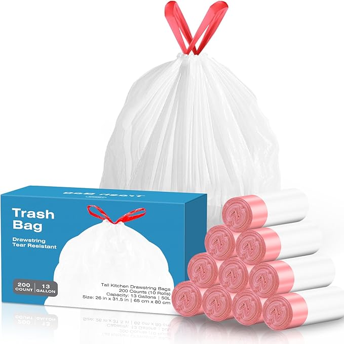 13.2 Gallon Tall Kitchen Drawstring Trash Bags 200 Count Pre-separated Garbage Bags Unscented Leak Proof Waste Bag for Kitchen Office Home