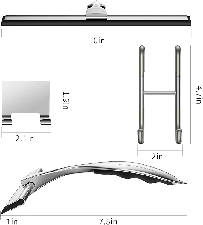 Shower Squeegee Set 10-Inch Stainless Steel Squeegee for Bathroom Shower Doors Mirrors Tiles and Car Windows - 100% Streak Free Includes Shower Door Hook Adhesive Hook and Spare Silicone Blade